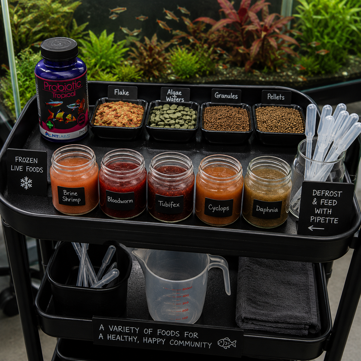 A black rolling food cart stocked with labeled jars and trays of live fish foods, including frozen shrimp, bloodworm, tubifex, cyclops, daphnia, algae, flakes, and granules, with a bottle of ProBioLife probiotics and plastic scoop tools, set in front of a green aquarium background.